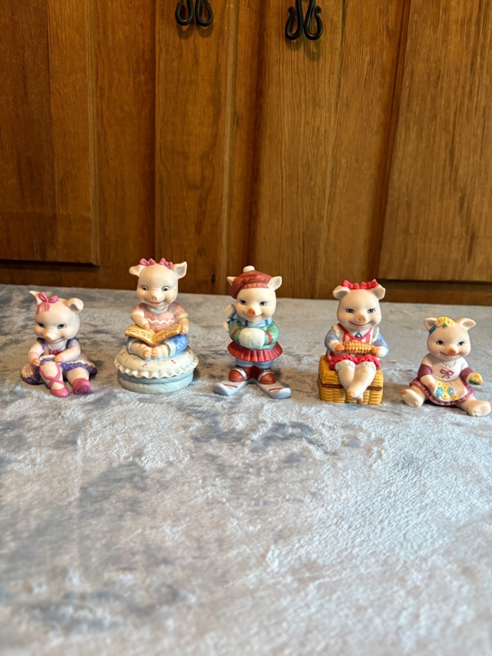 Set of 5 Pastel Piglet Figurines - Pink, Purple & Cream Accents